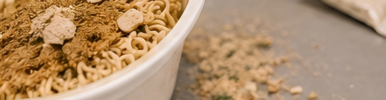 Crumbled noodle blocks, caked powder or off odour in opened samples