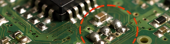 Cold, bridged or visibly reworked solder joints on the board