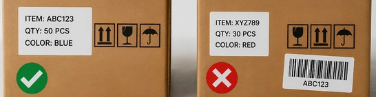 Cartons that do not match the labelling, warning marks or packing list